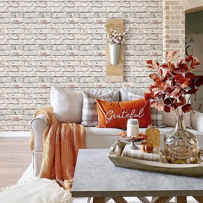 3D Whitewash Brick Wall Panel Peel and Stick,10 Pcs of 12"X12" Small Size Thin PVC Fake Brick Self Adhesive Brick Backsplash Faux Brick Paneling for Interior Wall Decor