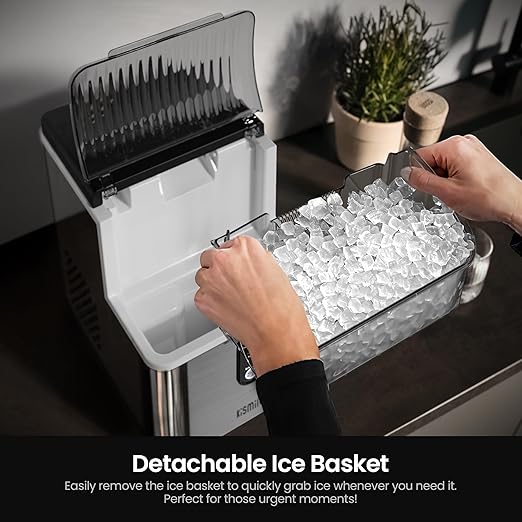 Kismile Nugget Ice Makers Countertop,Portable Ice Machine with Crushed Ice, 35lbs/Day,Self-Cleaning,One-Click Operation for Home Use(Stainless Steel Silver)