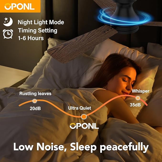 OPONL 42 Inch Black Ceiling Fan with Light, Remote Control, Noiseless, Reversible, 6CCT, Dimmable, Timeable, Metal Housing, Flush Mount Ceiling Fans with Lights for Bedroom, Indoor/Outdoor Use
