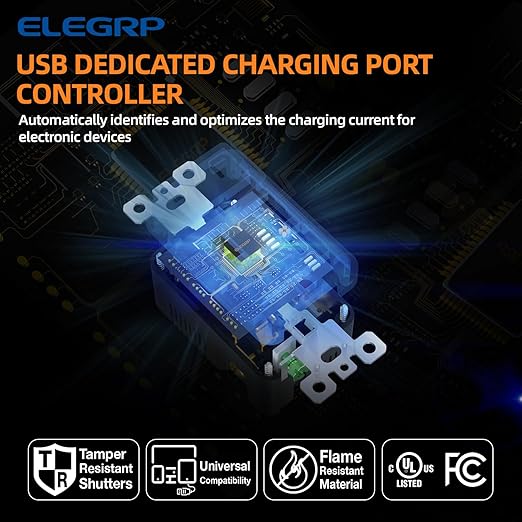 ELEGRP USB Charger Wall Outlet, USB A & C Ports, 20 Amp Duplex Plug NEMA 5-20R, Wall Plate Included, UL Listed, Matte Grey