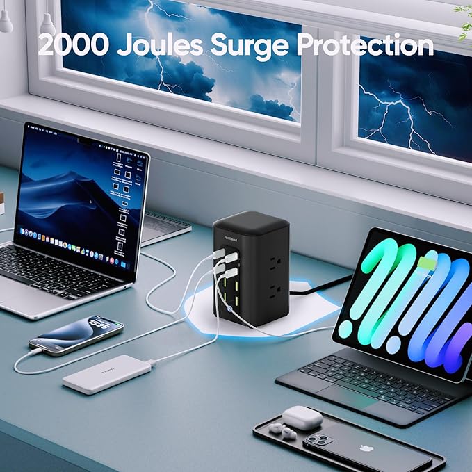 TenTrend Power Strip Tower, 350W Total Fast Charging Station for Multiple Devices, 5FT Extension Cord Tower with 6 Outlets 8 USB(4 USB C), 2000J Surge Protector for Home Office, Dorm Essentials