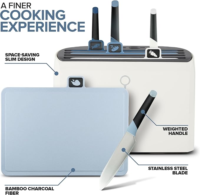 Modern Innovations Smart Cutting Board and Knife Set, Blue Self Cleaning Cutting Board & Knives Holder, Color Coded Set With Knives, All-In-One Cleaning System