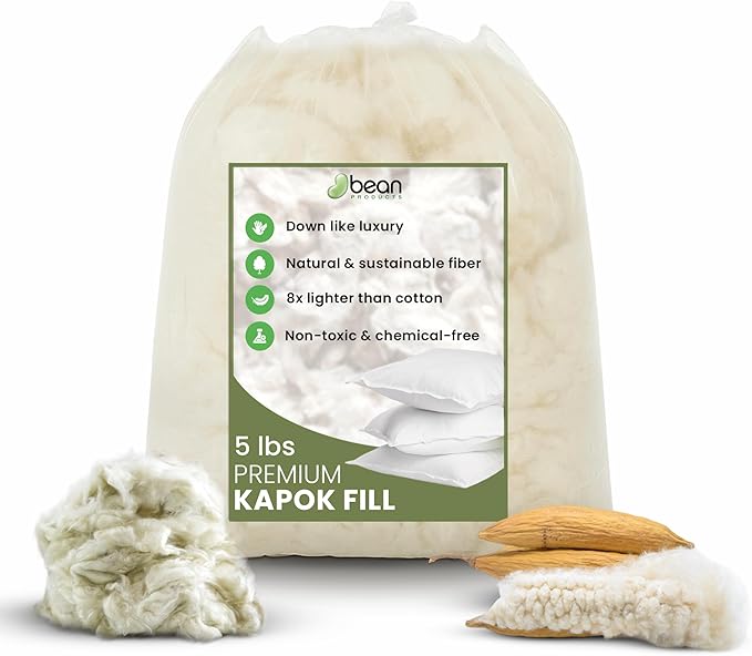 Bean Products Premium Kapok Fill | 5 lbs | 100% Organic Kapok Fiber | Chemical Free and Hypoallergenic | Perfect for Pillows, Pet Beds, Couches & More | Made in USA