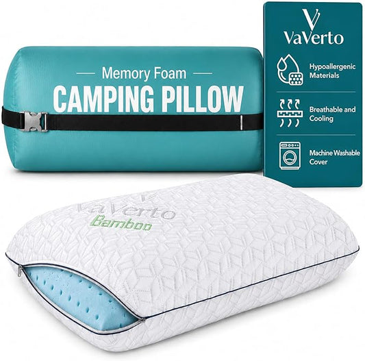 Vaverto Small Memory Foam Bed Pillow for Camping - Compressible Medium Firm, Breathable Cover, Machine Washable, Ideal Backpacking