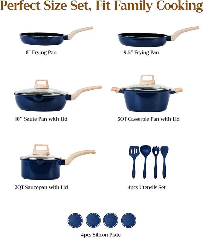 FDN 16Pcs Titanium Pots and Pans Set,Toxic-Free Cookware Set, Dishwasher & Oven Safe, Induction Compatible with Bakelite Wood Grain Handle, Compact and Durable