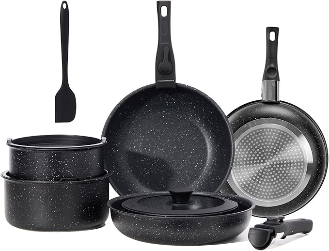 NEWBULIG 12-Piece Nonstick Cookware Set, Detachable Handle Pots and Pans, Induction Compatible Cookware, Dishwasher & Oven Safe, Space-Saving Kitchen Set, Black