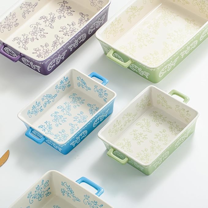 Domini Casserole Dishes for Oven, Ceramic Baking Dishes for Oven Set of 2, Lasagna Pan Deep, Baking Pan Set Square Casserole Dish Set with Handles for Baking, Pattern Green(11.4+8.5inch)