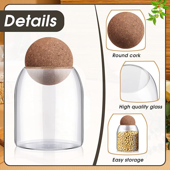 Suclain 6 Pcs Glass Jars with Cork Ball Lid Farmhouse Kitchen Canisters Coffee Bar Countertop Container Rustic Storage Jars for Bean Nut Sugar Coffee Tea Organizer Housewarming Gift (17 oz)