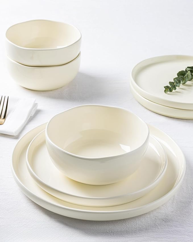 TheTerra Ceramic Dinnerware Sets for 4, 12 Pieces Porcelain Lightweight Plates and Bowls Sets, Scratch Resistant Dish Set, Oven & Microwave & Dishwasher Safe,Ivory