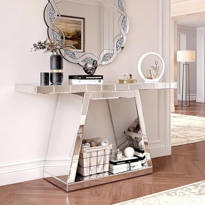 SSLine 2-Piece Set Mirrored Console Table with Wall Mirror, 55" Modern Mirror Entryway Table with Trapezoid-Shape Base, Round Crush Diamond Decor Mirror for Entryway Hallway