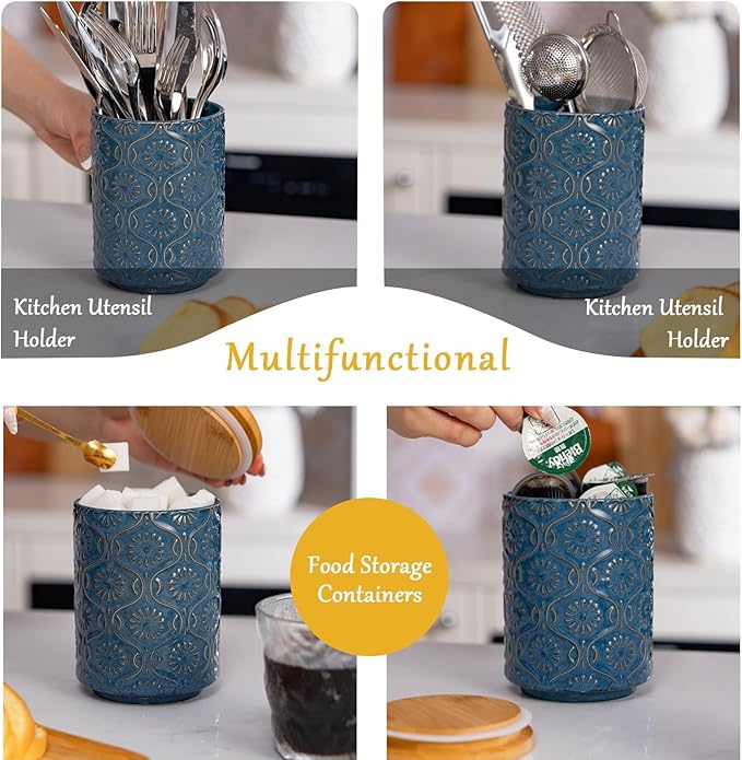 TEATALK Embossed Ceramic Canister, Stylish Airtight Storage for Kitchen, Coffee, Tea, Sugar, 23 Fl Oz, Darkblue