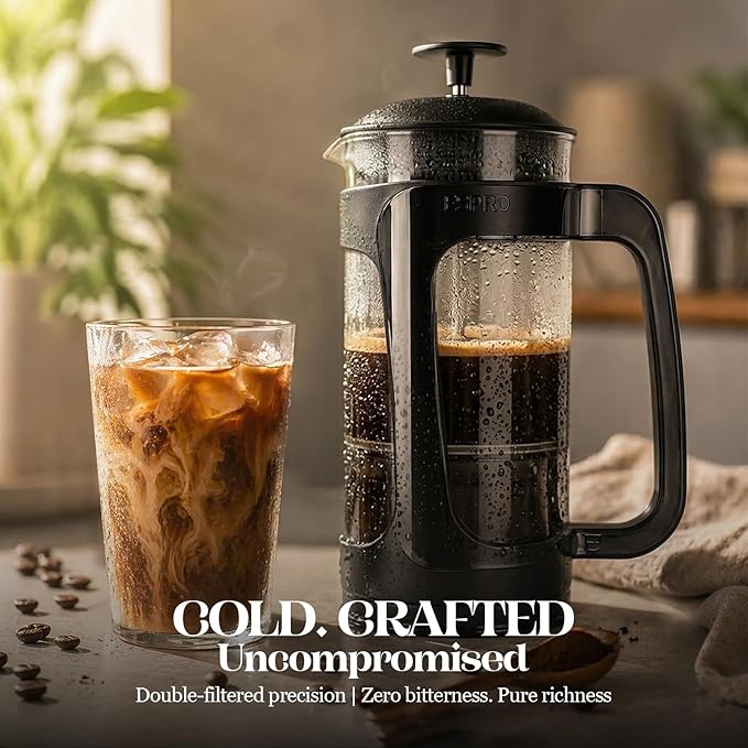 ESPRO Light P3 French Press Coffee Maker – Patented Double Micro-Filter for Grit-Free Brew, Heat Resistant thicker Borosilicate Glass Coffee press – (Black 18 oz)