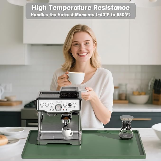 Rnivvi Silicone Coffee Mat, 16" x 24" Waterproof Raised Edge Coffee Bar Mats for Espresso Machine Station Accessories, Heat Resistant Dish Drying Pad for Kitchen Counter, Rubber Bar Decor Pad, Green