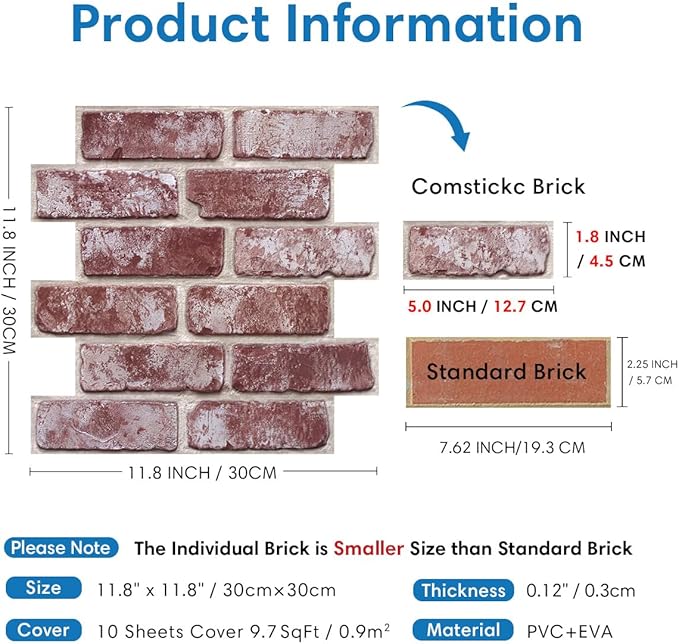 COMSTICKC 3D Faux Brick Wall Panels Peel and Stick Wall Covering,10 Pcs of 12"X12", Not Real Brick, Small Size,Thin PVC 3D Fake Brick for Interior Decor, Whitewash Red