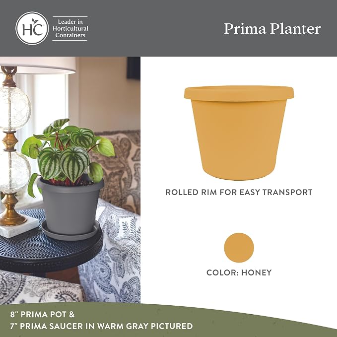 The HC Companies Prima Round Plastic Plant Pot w/Rolled Rim - Lightweight & UV Resistant Flower Pot for Herbs & More - Outdoor & Indoor Plant Pots w/Drainage (8 inch, Honey, Pack of 1)