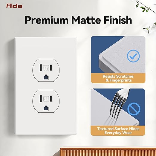 AIDA 1 Pack Matte White Standard Duplex Electrical Wall Receptacle Outlet, 15A 125V, 2 Pole 3 Wire, Tamper Resistant, NEMA 5-15R, Self-Grounding, Wall Plate Included, UL Listed