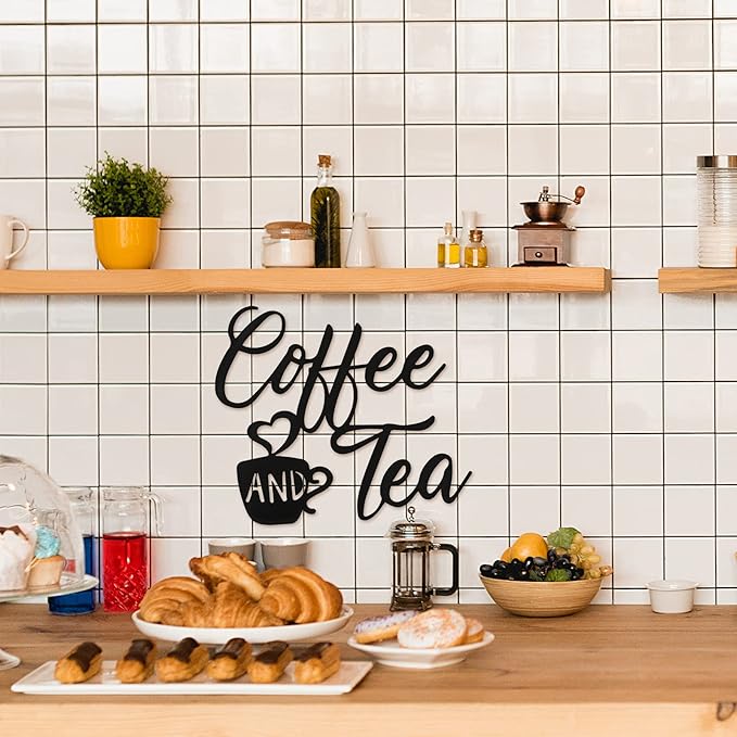 Ferraycle Coffee Bar Decor, 12 x 10.2 Inch Sign for Wall Metal Rustic Hanging Wall Art Vintage Black Cup Letter Sign for Cafe Home Office Kitchen(Coffee and Tea)