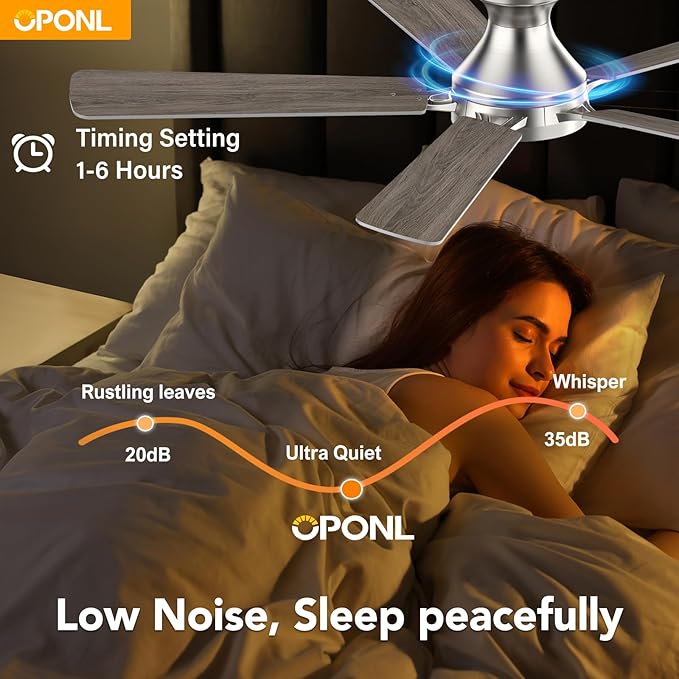 OPONL 52 Inch Nickel Ceiling Fan with Light, Remote Control, Low Profile, Noiseless, Reversible, Dimmable, Timeable, Metal Housing, Flush Mount Ceiling Fans with Lights for Bedroom, Indoor/Outdoor Use