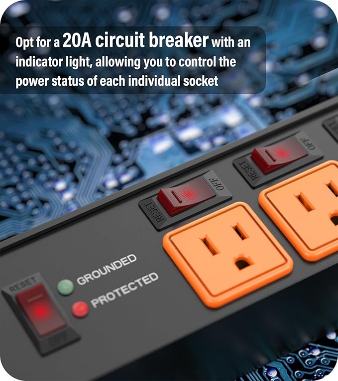 CCCEI Heavy Duty Surge Protector Power Strip 20 Amp Individual Switches. 25FT 12 Gauge Extension Cord with Multiple Outlets. Kitchen, Garage, Shop, Industrial Wall Mount Electric Extender, Orange.