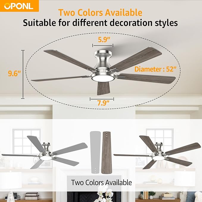 OPONL 52 Inch Nickel Ceiling Fan with Light, Remote Control, Low Profile, Noiseless, Reversible, Dimmable, Timeable, Metal Housing, Flush Mount Ceiling Fans with Lights for Bedroom, Indoor/Outdoor Use