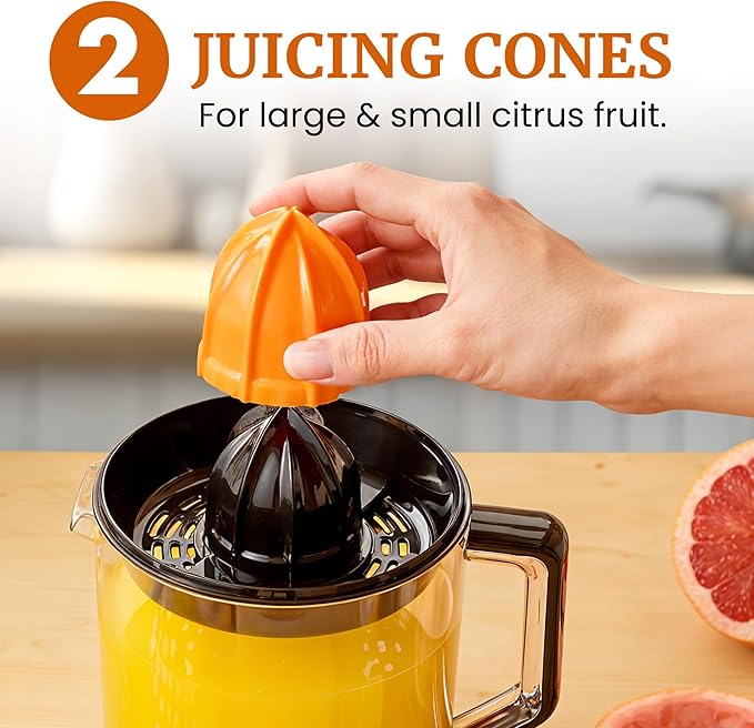 Elite Gourmet ETS047 BPA-Free 40-Watt Electric Citrus Juicer with 2 Cones, Compact, Large Volume, Pulp Control, Oranges, Lemons, Limes, Grapefruits with Easy Pour Spout, 1.2L, Black/Stainless Steel