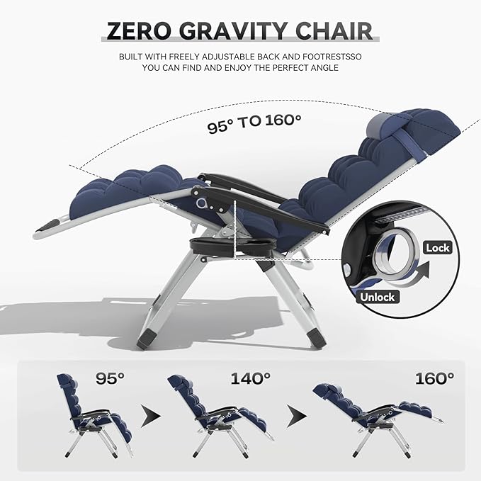 Zero Gravity Chair, Portable Outdoor Chair, Reclining Patio Lounge Chair with Adjustable Pillow and Cup Holder Trays for Outdoor, Patio, Beach, Camping, Garden, Poolside, Blue