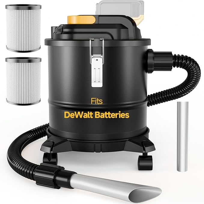 Cordless Ash Vacuum for Pellet Stoves, for DEWALT 20V Max Battery, Pellet Stove Vacuum Cleaner with 2 HEPA Filters, Powerful Suction, 4 Gallons & 4 Wheels, 38" Hose for Wood Fireplaces, BBQ Grills