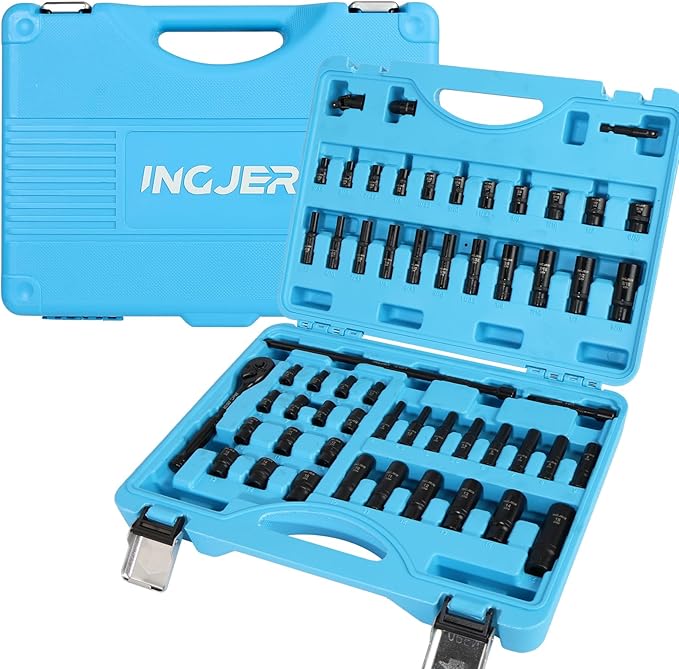 Socket Set 1/4, 56 Piece Impact Socket Set Metric and Standard Full, 6 Point, Cr-V, 1/4-Inch Drive Ratchet Handle, Drive Extension Bar, Impact Universal Joint,impact adapter