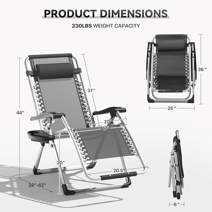 Zero Gravity Chair, Portable Outdoor Chair, Reclining Patio Lounge Chair with Adjustable Pillow and Cup Holder Trays for Outdoor, Patio, Beach, Camping, Garden, Poolside, Gray