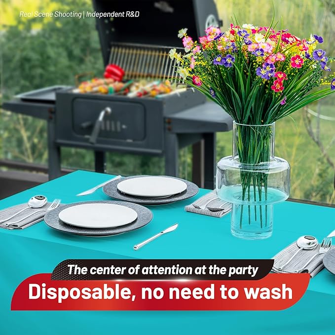 Plastic Table Cloth, 110 Ft X 54 In Disposable Tablecloth Light Blue Tablecloth Premium PEVA Plastic Table Cloth Disposable with Any Cut Sliding Cutters for Picnics, Parties, Birthdays, Festivals