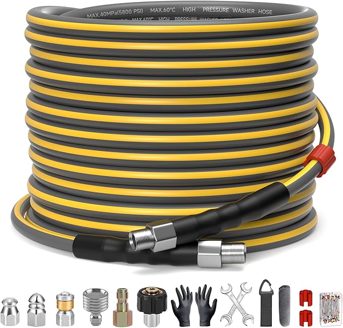 Sewer Jetter Kit for Pressure Washer, 5800PSI Drain Cleaner Hose 1/4 Inch NPT Corner,Showerhead,Rotating rotates,Mushroom Nose,Corner sewer nozzle(50FT)