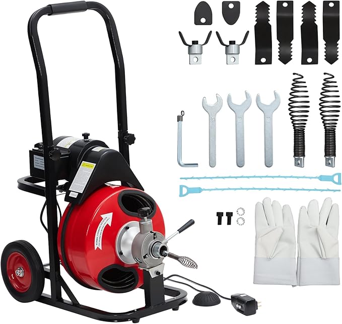 370W Portable Electric Drain Auger 75FT x 1/2INCH Steel Cable, Automatic Feed Drain Cleaning Machine with 8 Multi-Style Cutters & Shock-Absorbing Wheels for Toilet/Sink/Pipe Clogs