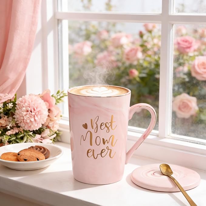 YHRJWN Mothers Day Gifts for Mom, Best Mom Ever Coffee Mug, Mom Mothers Day Gifts from Daughter Son, Moms Gift Idea for Birthday, Valentines Day, Present for Moms Mothers, 14 Oz Pink