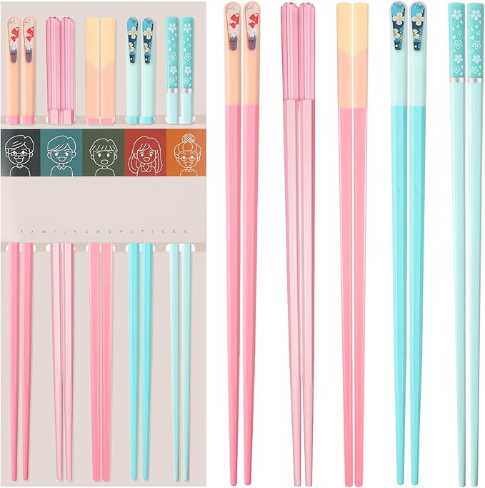 5 Pairs Reusable Chopsticks Dishwasher Safe, Fiberglass Premium Japanese Chines Korean Chopsticks for Sushi Noodles Ramen, Non-slip Chop Sticks, Lightweight, 9.6 inches- Green&Pink-B