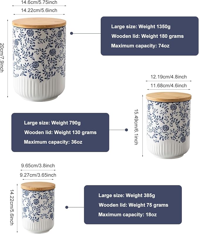 Canisters Sets for Kitchen - Ceramic Kitchen Containers for Countertop with Airtight Wood Lids - Flour and Sugar Containers for Coffee Tea Spice Beans Cookie Jars - Blue Set of 3
