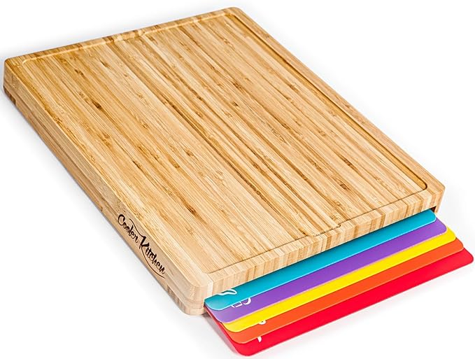 Bamboo Cutting Board Set with 6 Color Coded Mats with Food Icons, BPA-Free Non Slip Easy Clean Chopping Boards for Kitchen with Holder, Dishwasher Safe for Meal Prep & Serving, Large | Cooler Kitchen