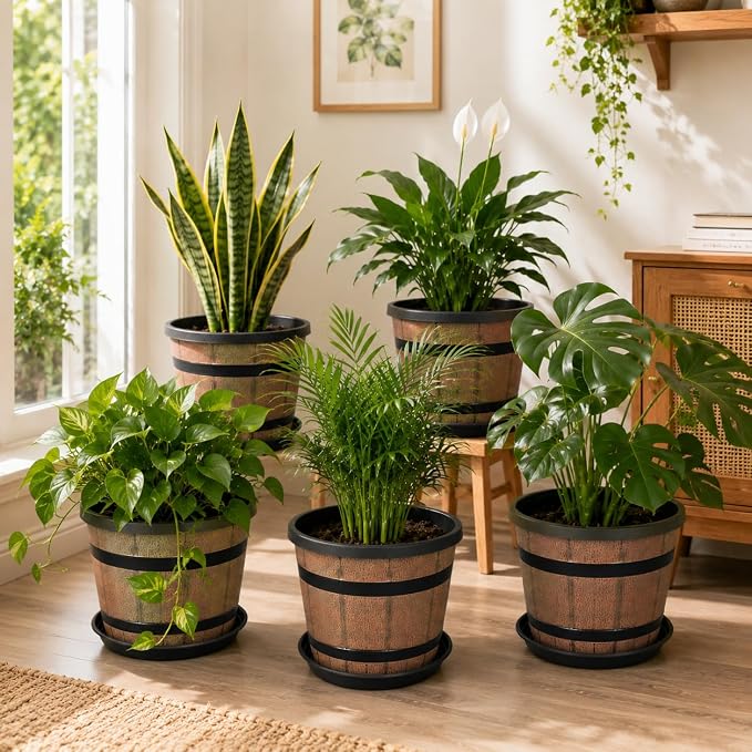 10 Inch Whiskey Barrel Planters with Drainage Holes & Saucer, 5 Pack Plastic Plant Pots with Wine Barrel Design, Flower Pots for Indoor Outdoor Balcony