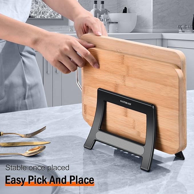 Cutting Board Holder, Cutting Board Rack Chopping Board Holder, Auto Width Adjustable Cutting Board Holder Stand for Countertop Counter Kitchen Cabinet pot lid holders (Black)