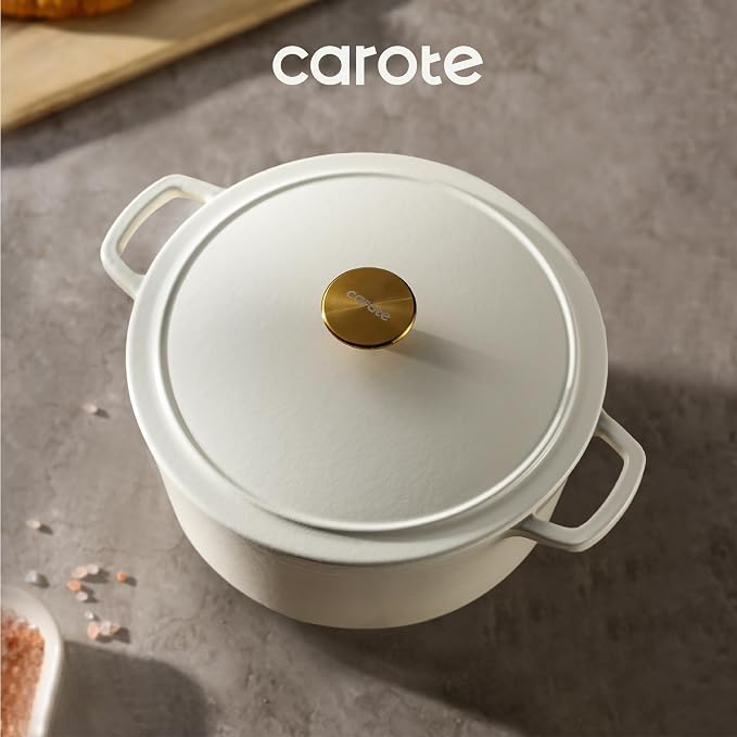 CAROTE 5QT Cream White Enameled Cast Iron Dutch Oven Pot with Lid | Used for Sourdough Bread Baking, Braising, Healthy Non Toxic Cookware Dual Handles, Oven Safe up to 500° F