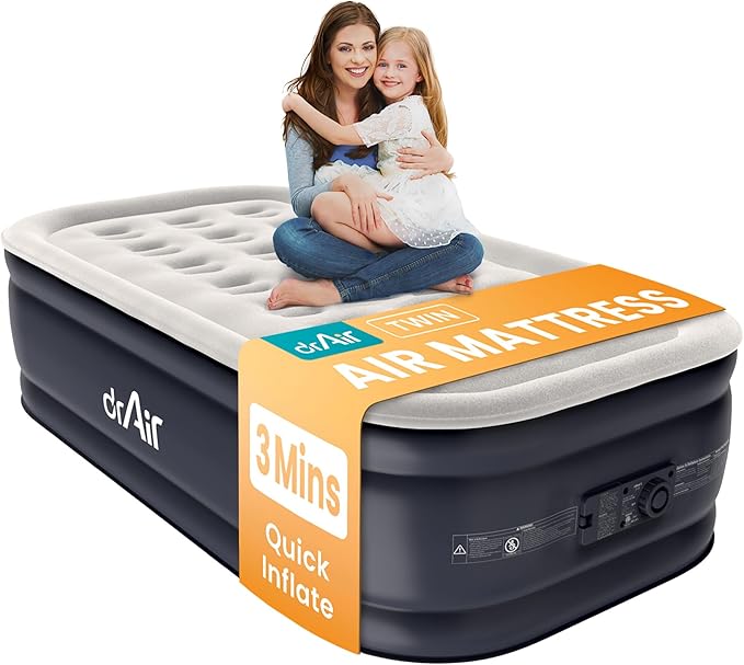 Dr. air Twin Air Mattress with Built-in Pump, 18” Raised Blow Up Mattress - 500 lbs Max Honeycomb Design, 3-Min Inflation, Waterproof Velvety Top, Ideal for Home, Guests & Camping, Colchon Inflable