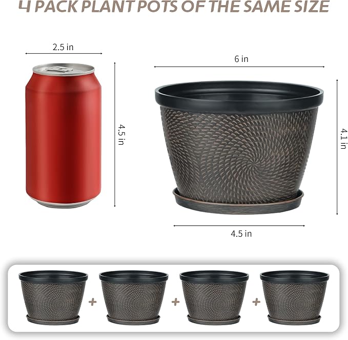 Quarut 4 Pack 6 Inch Flower Pots Planters for Outdoor Indoor | Plastic Plant Pots with Drainage Hole & Tray, Modern Decorative Garden Pot with Saucer, planters for House (Drak Bown)