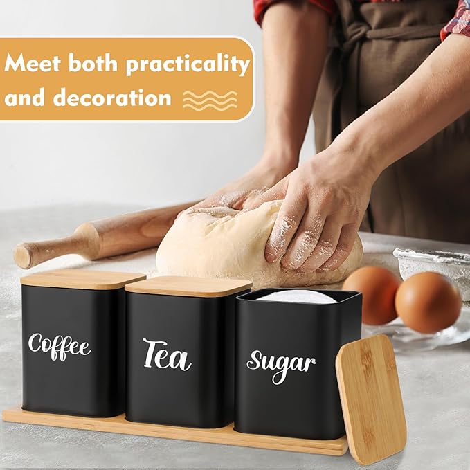 Tioncy Coffee Tea Sugar Container with Tray Set of 3 Airtight Metal Canister with Bamboo Lid Tray for Kitchen Counter Dining Room Farm House Kitchen Style Drink Station Organizer Set (Black)
