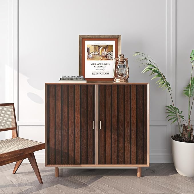 FunStick 24"x200" Slats Wood Wallpaper Peel and Stick Wall Paper Brown Walnut Slatted Wood Vinyl Self Adhesive Contact Paper Decorative for Cabinets Furniture Wooden Slat Wall Panels for Walls Bedroom