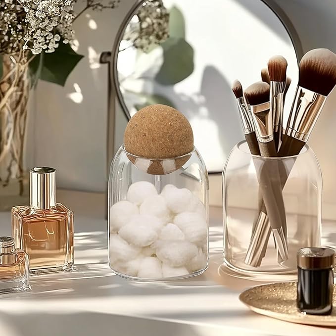 ComSaf 16oz Clear Decorative Glass Jar with Cork Ball Lid - Coffee Bar Kitchen Counter Bathroom Storage, Dishwasher Safe, Glass Canister for Coffee Sugar Candy Storage - Home Decor & Gifting