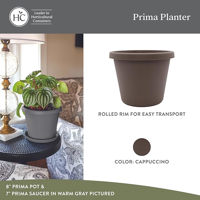 The HC Companies 16 Inch Prima Round Planter Pots with Drainage Holes and Rolled Rim, Lightweight UV-Resistant Plastic Indoor & Outdoor Planters, 2-Pack Flower Pots for Garden & Home Decor, Cappuccino