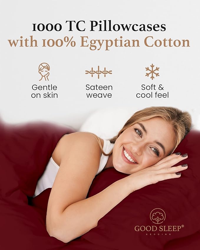 1000 TC Burgundy King Pillowcases Set of 2 100% Egyptian Cotton Pillow Cases with Long Staple Cotton & Sateen Weave, Silky Soft Hotel - Like Bed Pillow Covers for Comfy Sleeping, Snug Fit