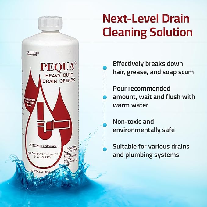 PEQUA INDUSTRIES Pequa Heavy Duty Drain Opener, Non-Acid, Fast-Acting Formula, Industrial strength Drain Cleaner for Sinks, Tubs, Septic Tanks - 32 Oz (4)