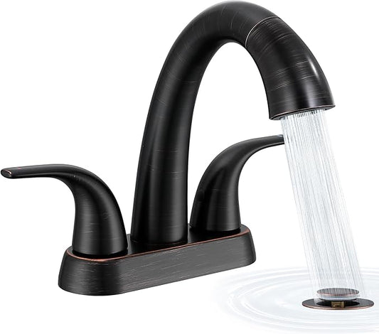 Ultimate Unicorn Bathroom Sink Faucet with Sprayer- 4 Inch Oil Rubbed Bronze Centerset Pull Down Vanity Faucets 3 Hole with Pop Up Drain - Two Handle Modern Washbasin Tap Set for Rv Lavatory Restroom