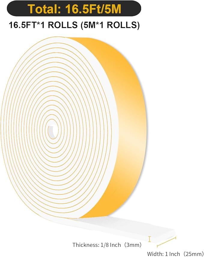 Weather Stripping Door Seal,Weather Stripping,Soundproof,Cold Insulation,Front Door Frame,Windows,Sliding Door (White,1 in x 1/8 in x 16.5Ft)