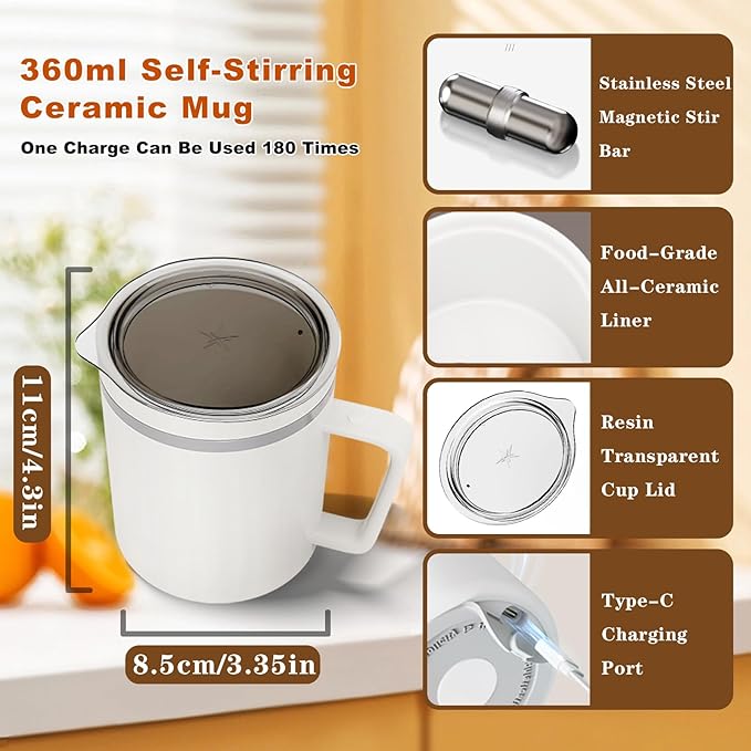 Self Stirring Mug, 360mL Rechargeable Electric Ceramic Coffee Mug with Stainless Steel Stir Bar, Automatic Mixing for Coffee, Milk, Hot Chocolate, Protein Powder, Cocoa
